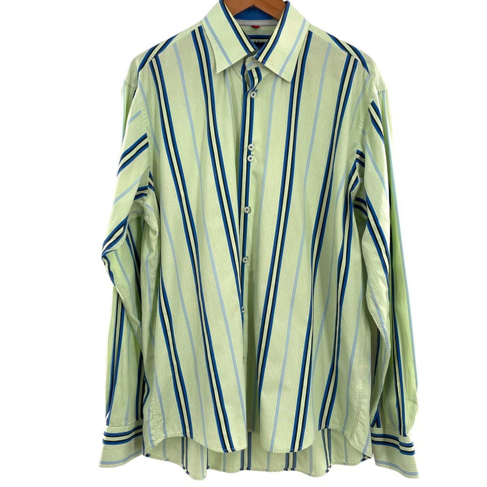 Luchiano Viscotti Long Sleeve Striped Button Up Shirt 2 Ply Mercerized Cotton XL